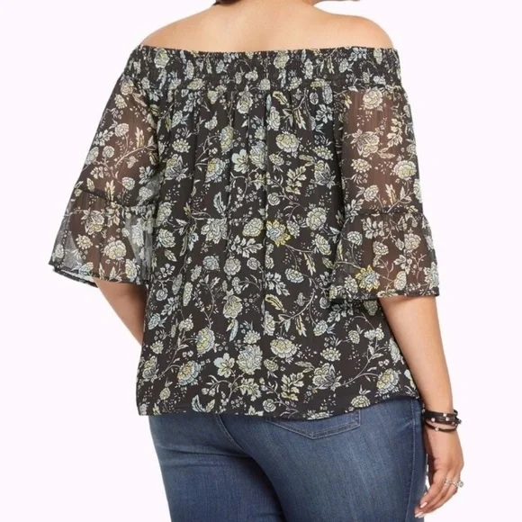 Torrid Off Shoulder Floral Chiffon Blouse 0X Black Blue Boho Peasant Top Plus - Picture 3 of 7